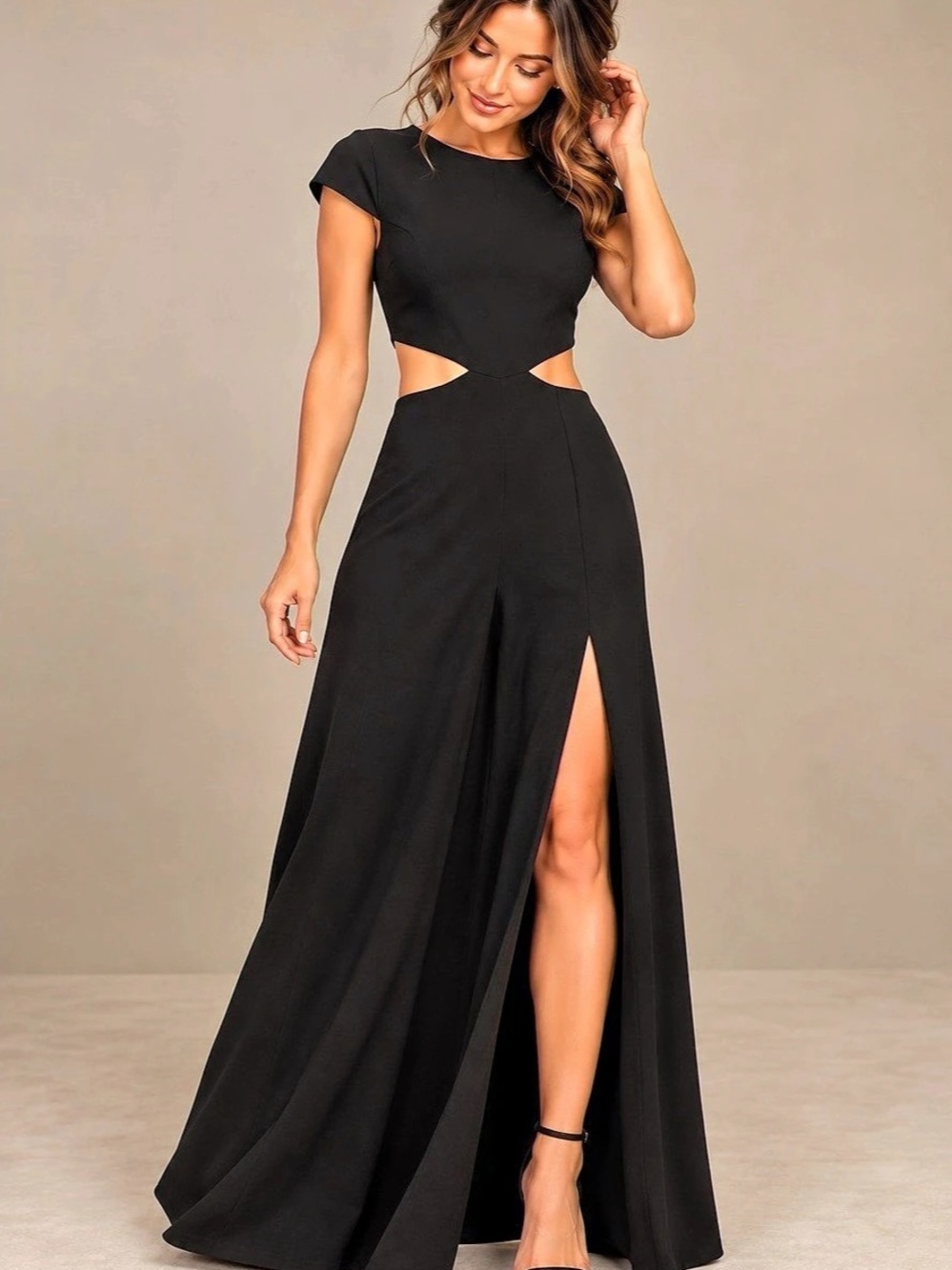 Lulus Black Cutout Maxi Dress Side Slit Short Sleeve Size Small